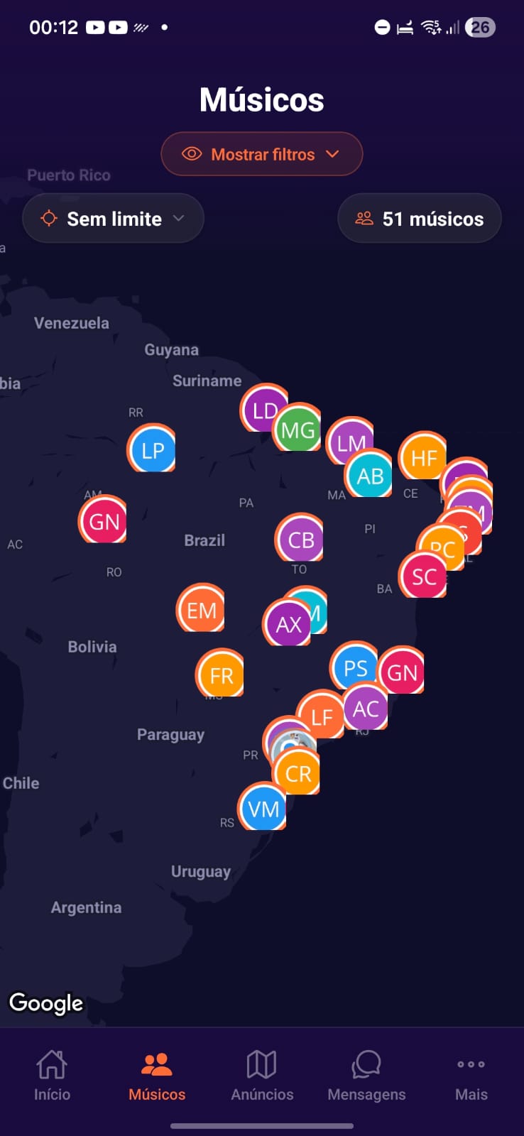 Mapa de músicos no Brasil - Noty App